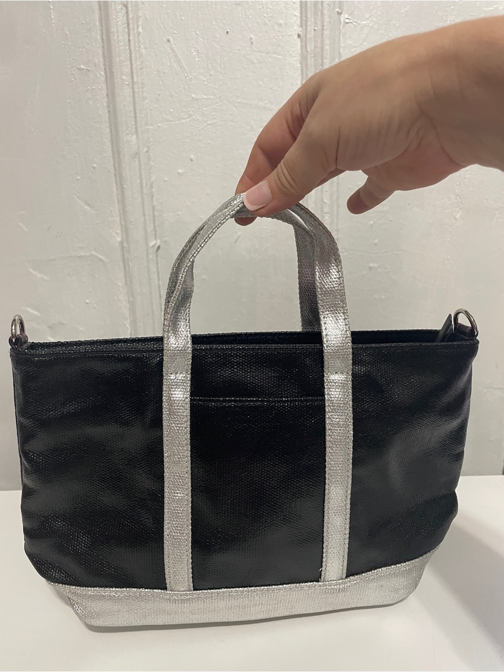 Victoria’s Secret Black and Silver Zip top Tote Bag with Metallic Accents New
